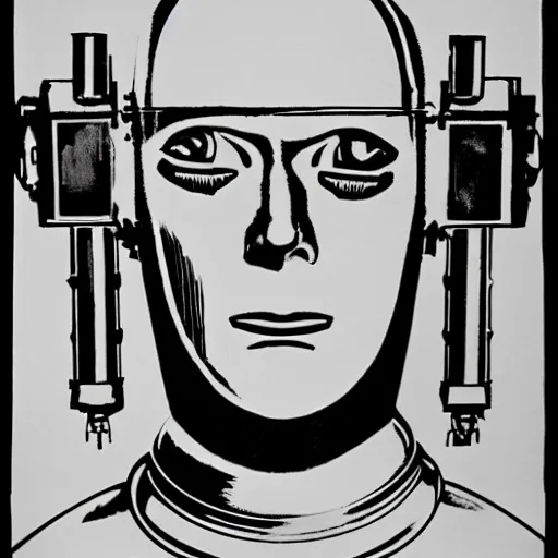 Image similar to portrait of the robot of the film metropolis, litography by andy warhol