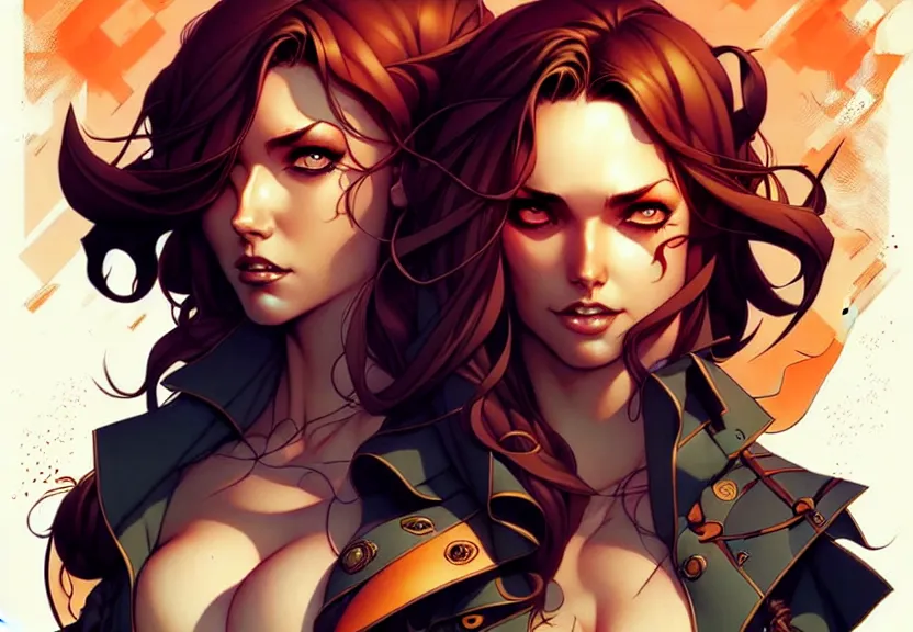 Image similar to artgerm, joshua middleton comic cover art, pretty pirate ryan ashley smiling, full body, symmetrical eyes, symmetrical face, long curly black hair, on a pirate ship background, warm colors