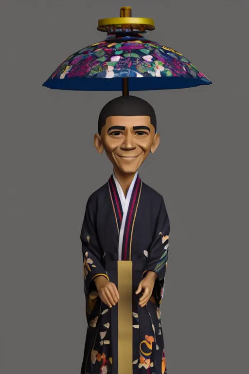 Image similar to full body 3d render of barack obama as an anime doll wearing a beautiful kimono, shinto shrine, blender, trending on artstation, 8k, highly detailed, bokeh, depth of field