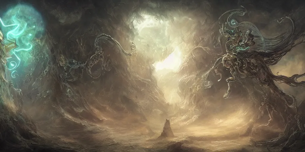 Image similar to concept art of translucent glowing fairies, lovecraftian, renaissance, melting, round moon, rich clouds, fighting the horrors of the unknown, very detailed, volumetric light, mist, fine art, decaying, textured oil over canvas, epic fantasy art, very colorful, ornate intricate scales