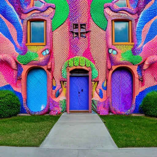 Image similar to The exterior of the house is covered in colorful scales, inspired by a dragon. The windows are large and oval-shaped, like a dragon's eyes. There are two big doors that resemble a dragon's mouth, flanked by two columns that look like horns. photo.