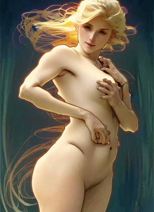 Prompt: digital character concept art by artgerm and greg rutkowski and alphonse mucha. clear portrait of a shy modern wife blessed by god to grow immaculately fertile and perfect!! blonde, in clothes! full - figured holy body! light effect. hyper detailed, glowing lights!! intricate, elegant, digital painting, artstation, smooth, sharp focus