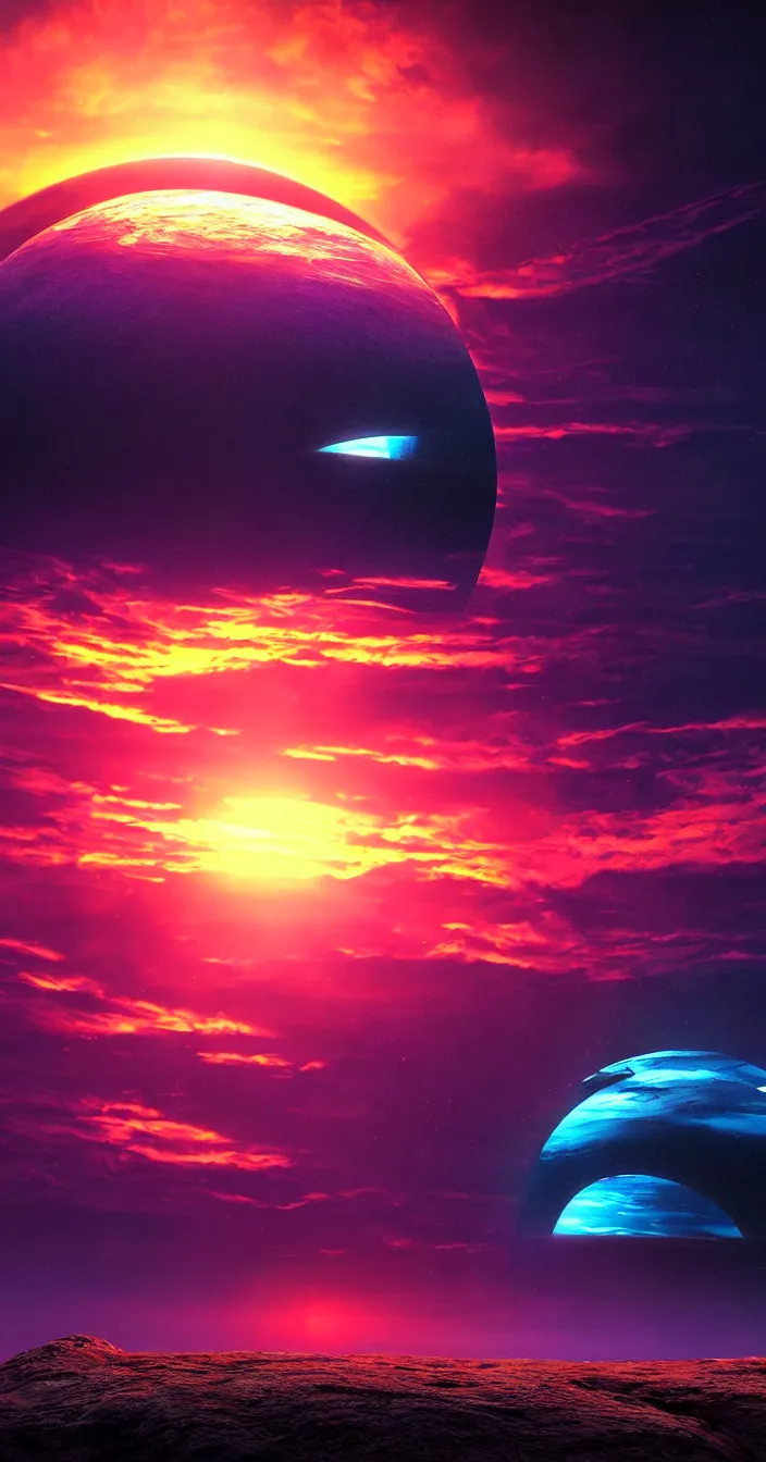 Prompt: realistic photo of colorful sunset on futuristic planet, very sharp focus, dark background, in the style of greg rutswoski, very hyper realistic, highly detailed, fantasy art station