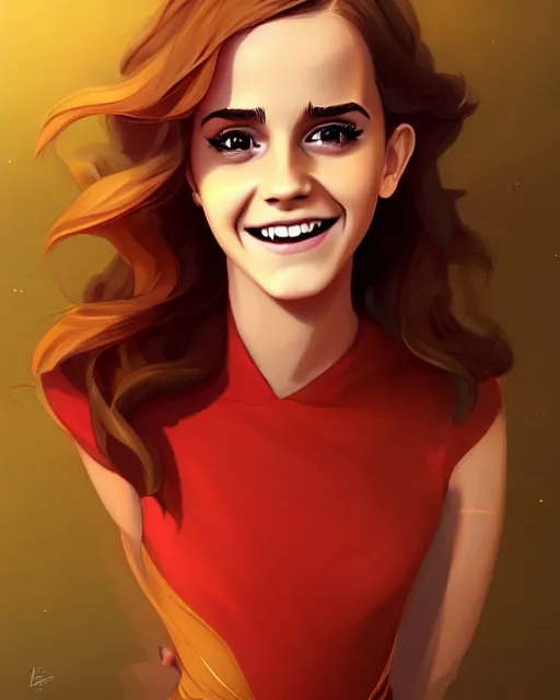 Prompt: beautiful full body Emma Watson smiling, pretty gold and red dress, art by lois van baarle and loish and ross tran and rossdraws and sam yang and samdoesarts and artgerm, digital art, highly detailed, intricate, sharp focus, Trending on Artstation HQ, deviantart, unreal engine 5, 4K UHD image