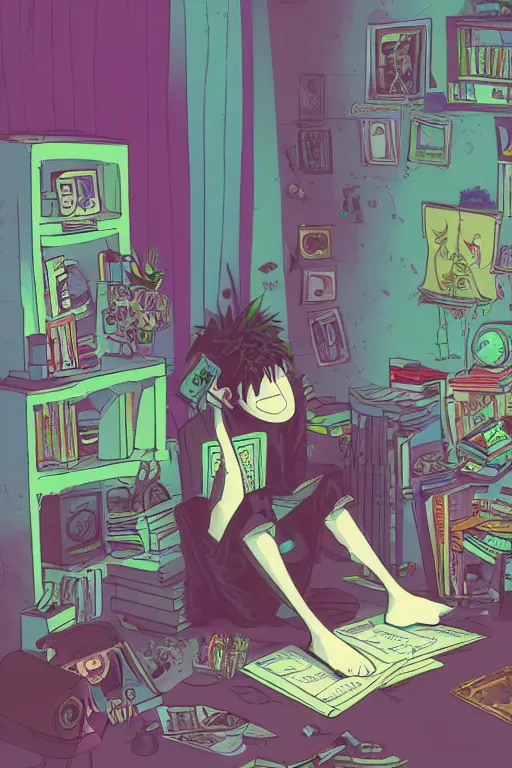 Image similar to goth guy sitting on the floor of a cluttered 9 0 s bedroom reading a book, vaporwave colors, lo - fi, concept art, smooth, detailed, toon shading, cel shading, animation, 4 k, hd,