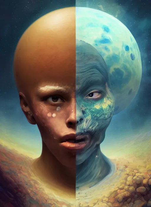 Image similar to portrait of the earth with a face eating the pluto alive on space, au naturel, hyper detailed, digital art, trending in artstation, cinematic lighting, studio quality, smooth render, unreal engine 5 rendered, octane rendered, art style by klimt and nixeu and ian sprigger and wlop and krenz cushart.
