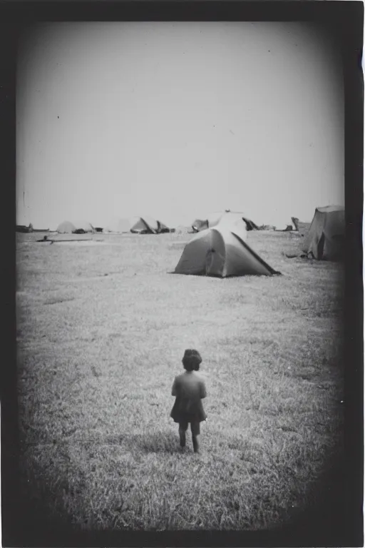 Image similar to photo polaroid of a sad and lonely child stands in the middle many tents of field hospitals, pandemic, covid,loneliness, black and white ,photorealistic, 35mm film,