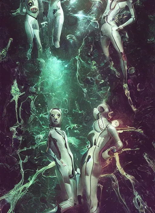 Prompt: astronauts girls in dark void underwater - complex and hyperdetailed technical suit design. reflection and dispersion materials. rays and dispersion of light. volumetric light. f / 3 2. noise film photo. flash photography. ultra realistic, 5 0 mm. poster by wayne barlowe, hajime sorayama aaron horkey, craig mullins