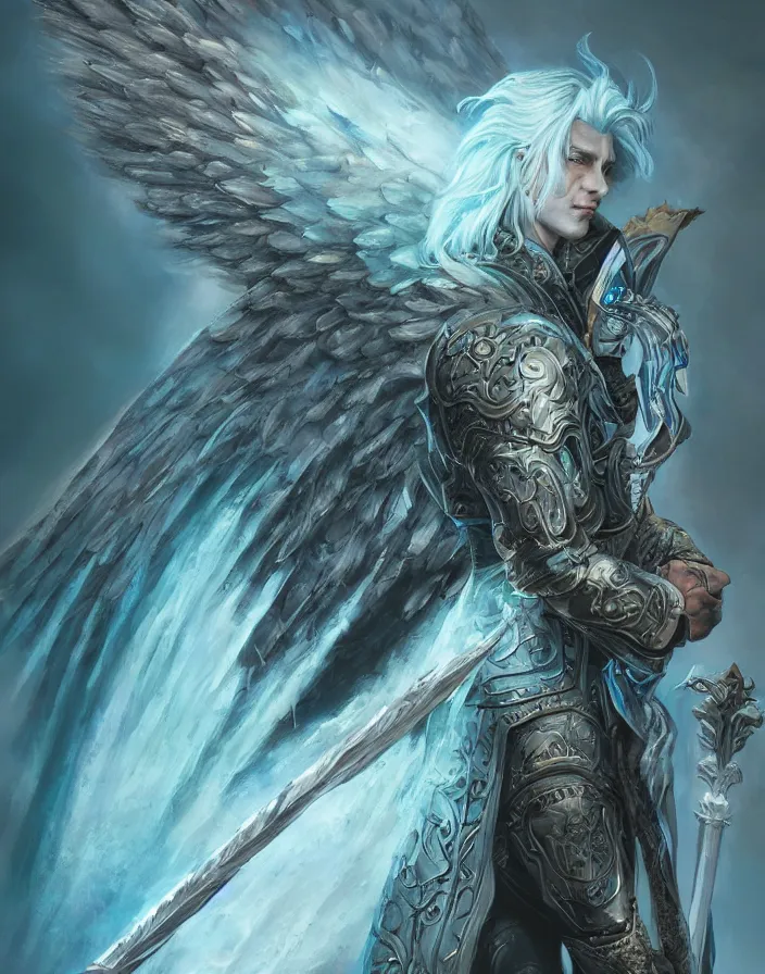 Prompt: An epic fantastic realism comic book style portrait painting of a male hexblade warlock aasimar, massive angel wings, spear made of teal energy, silver hair, middle aged, D&D Concept Art, unreal 5, DAZ, hyperrealistic, octane render, cosplay, RPG portrait, dynamic lighting