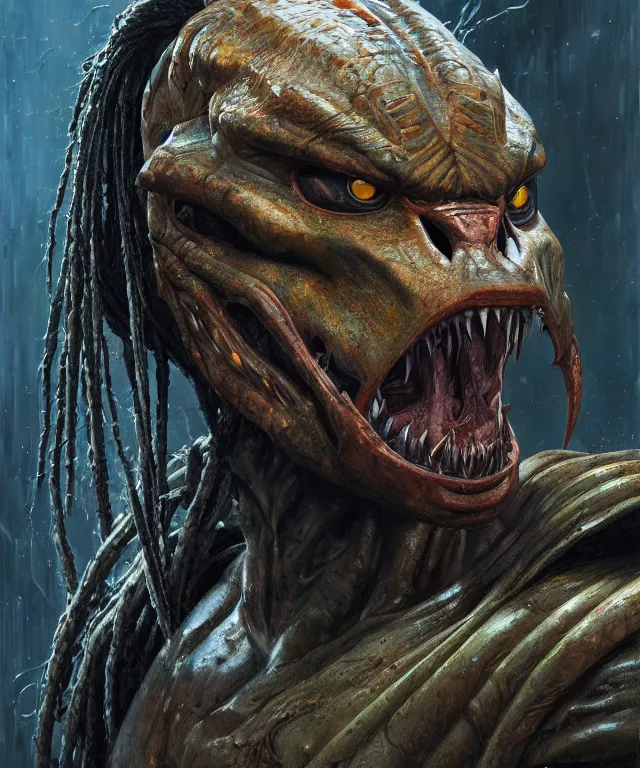 Image similar to a portrait of the predator by chris warner, oil on canvas, deep depth field, masterpiece, by donato giancola, trending on artstation, featured on pixiv, cinematic composition, hyper - detailed, hd, hdr, 4 k, 8 k