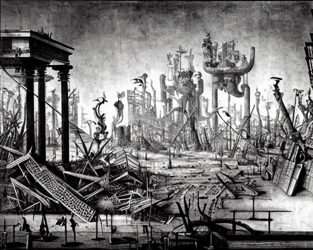 Prompt: Piranesi imagination mixed with the aesthetics of Yves Tanguy