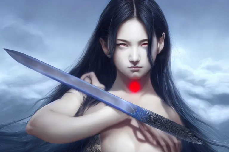 Prompt: beautiful girl holding a red eye imprinted ego sword at the top of clouds, dawn, highlight on the blade, extremely detailed and beautiful aesthetic face, seductive pose, super detailed eyes, highly detailed, digital painting, highlight scene of the movie, smooth, illustration, unreal engine 5, 8 k, art by hiroaki samura and jiro matsumoto and yusuke murata