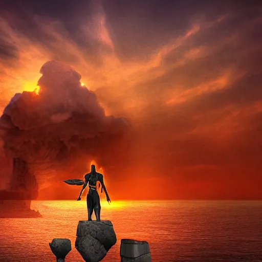Prompt: aztek warrior standing on top of aztek temple overviewing conquistador ships burning at sea, sinking during sunset, 4 k, digital art