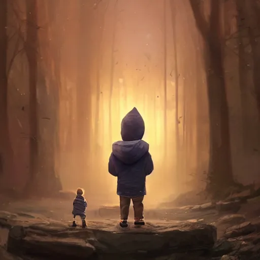 Prompt: a cute little boy wearing hoodie and waiting for his friends, full body, magical world, by greg rutkowski, sung choi, photo realistic, 8 k, cinematic lighting, hd, atmospheric, hyperdetailed, trending on artstation, devainart, digital painting, glow effect