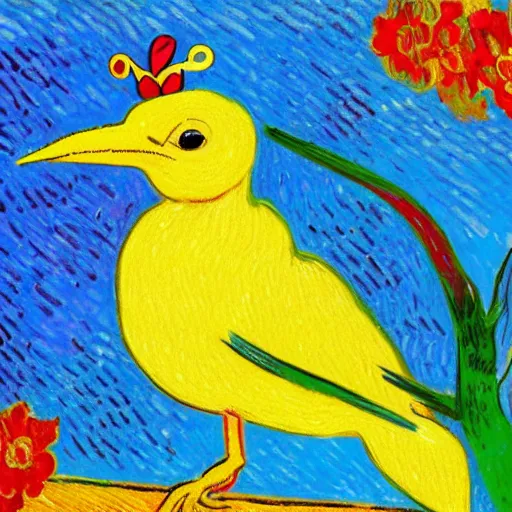 Prompt: an elegant yellow bird wearing a crown and a red bow tie in the style of vincent van gogh, purple background, post-impressionism, high quality, detailed, 4k