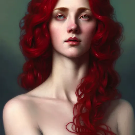 Image similar to long red hair aristocrat, bust portrait, gentle, solemn face, cloth, female, city landscape, d & d, fantasy, intricate, elegant, digital painting, red green color palette, artstation, octane render, concept art, matte, sharp focus, illustration, herrarthstone, art by artgerm and greg rutkowski and alphonse mucha