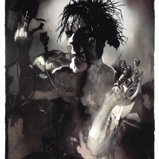 Image similar to robert smith as dream from sandman, by jeremy mann, by mike mignola, by dave mckean and richard avedon and maciej kuciara, 1 9 8 0's, punk rock, gothic, high detailed, 8 k