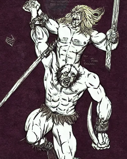 Image similar to cu chulainn, cuhullin, irish legendary warrior, and his ability to achieve warp spasm : muscular transformation with inhuman rage.