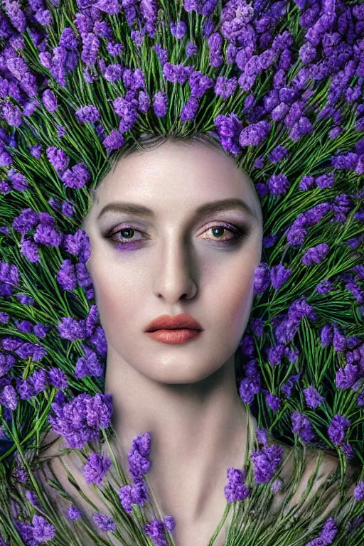 Image similar to hyperrealism close - up mythological portrait of a exquisite medieval woman's shattered face partially made of lavender flowers in style of art deco, wearing silver silk robe, dark palette