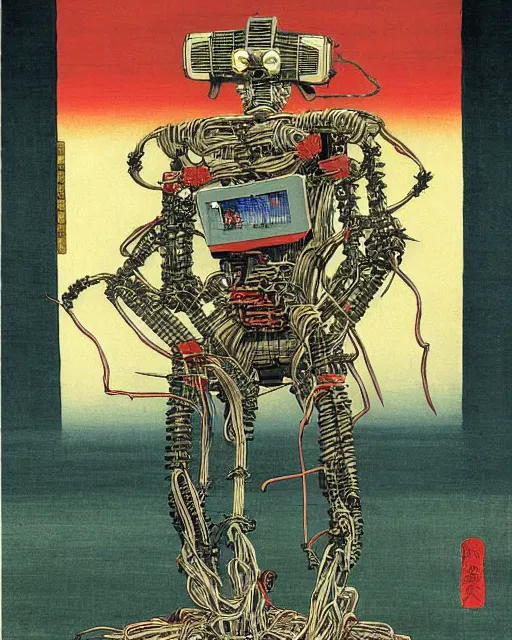 Prompt: Hiroshige portrait of a robot saint made of cables and robotic pod by Frank Frazetta