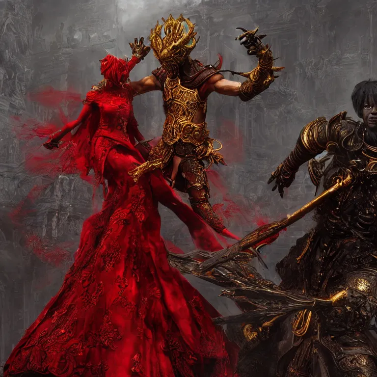 Image similar to black man and a female devil in red dress dancing, Dark Souls 3 themed, in style of Ruan Jia, insanely detailed and intricate, golden ratio, elegant, ornate, luxury, elite, matte painting, cinematic, cgsociety, James jean, Brian froud, ross tran, Laputa