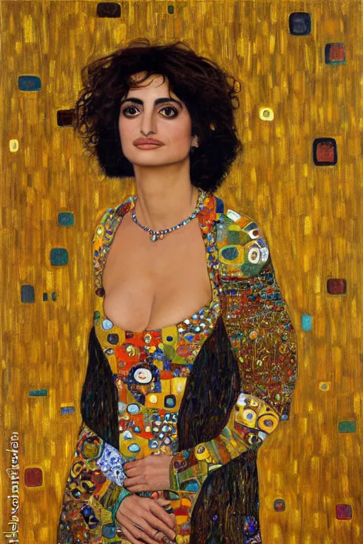 Image similar to oil painting, portrait of penelope cruz, artwork by gustav klimt