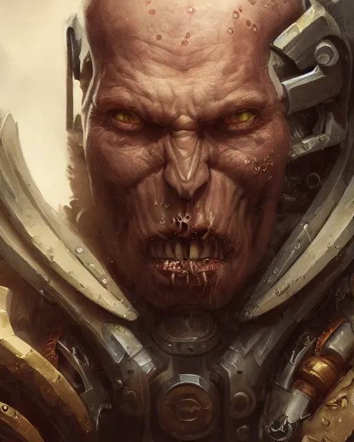 Image similar to hyper realistic portrait of warhammer android head, cinematic, chaos marine, tzeentch, artstation, cgsociety, full head, greg rutkowski, james gurney, mignola, craig mullins, brom