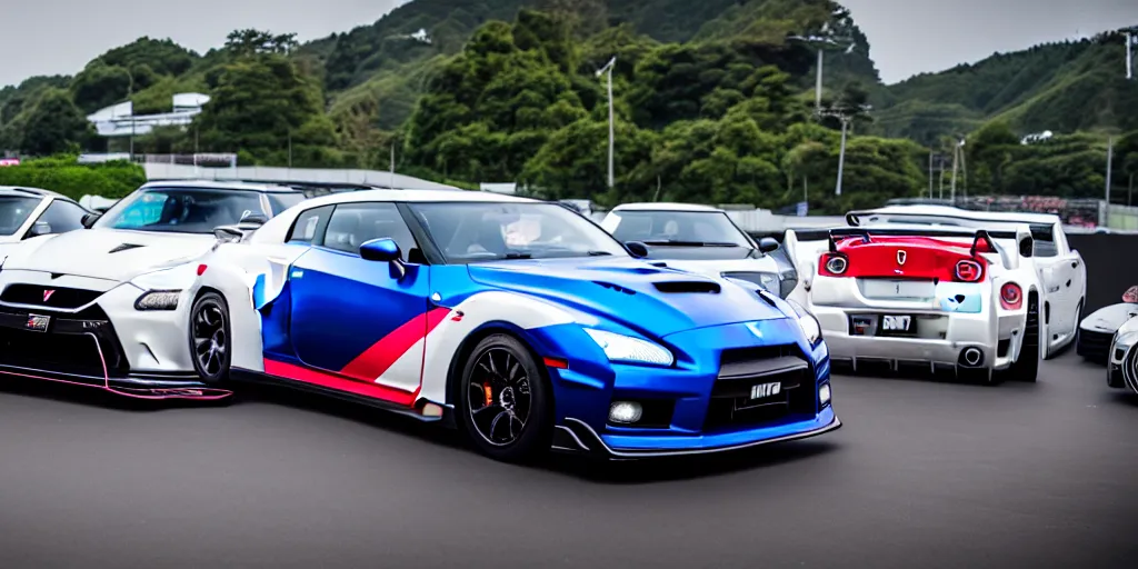 Image similar to nissan gtr r 3 4, mercedez benz, honda civic, bentley, ferrari, mclaren, mustang, mini cooper, porche, jeep, vintage cars, gtr r 3 5, subaru brz, koenigsegg, lamborghini huracan and supra in the shape of a 8 0 s japan car design, car photography, 4 k, high resolution, highly detailed