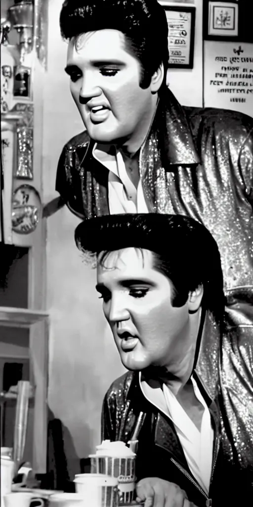 Image similar to photo portrait elvis in an english chip shop, screenshot from bollywood muscial