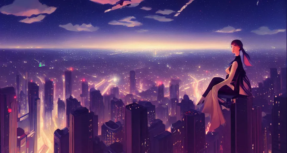 Image similar to city flying in the sky, night setting with stars. realistic shaded lighting poster by ilya kuvshinov katsuhiro, magali villeneuve, artgerm, jeremy lipkin and michael garmash, rob rey and kentaro miura style, trending on art station