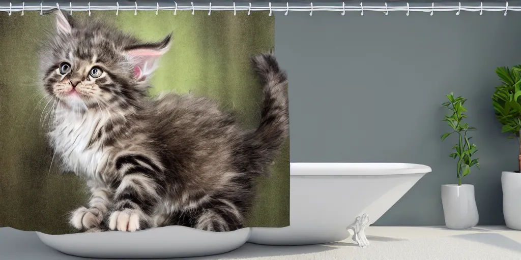 Image similar to a ( ( ( ( ( maine coon kitten ) ) ) ) ) baby yoda artwork themed shower curtain, shower curtain. product photography. product lighting. digital art. 4 k, highly detailed. saturated.