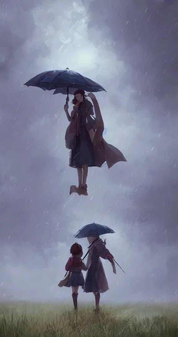 Image similar to Holding an umbrella in a thunderstorm in the prairie, pretty, by Studio Ghibli and Greg Rutkowski, artstation
