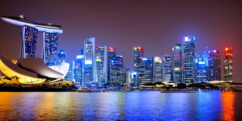 Image similar to futuristic singapour view at night from the sea