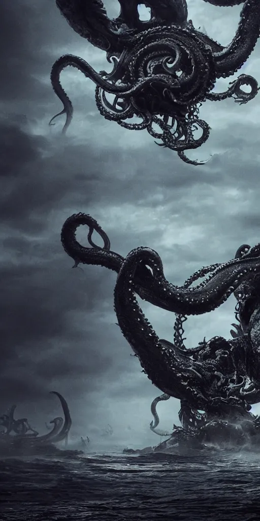 Prompt: extra wide view. Kraken. marvellous magic. Ominous. Gothic medieval baroque. Dry ground cracks. Cinematic. Epic composition. Realistic cinematography. Hyper-detailed. 8k
