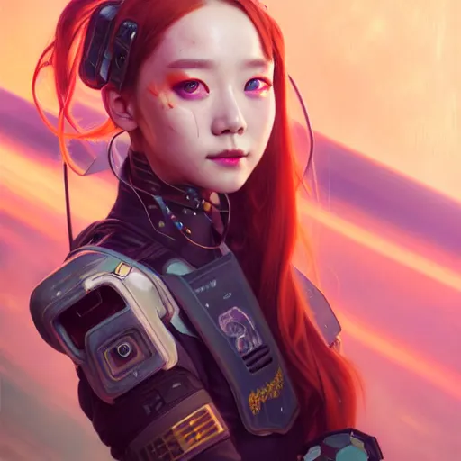 Image similar to portrait painting of cyberpunk chuu from loona as a cheerful smiling mercenary, ultra realistic, concept art, intricate details, eerie, highly detailed, photorealistic, octane render, 8 k, unreal engine. art by artgerm and greg rutkowski and magali villeneuve and alphonse mucha