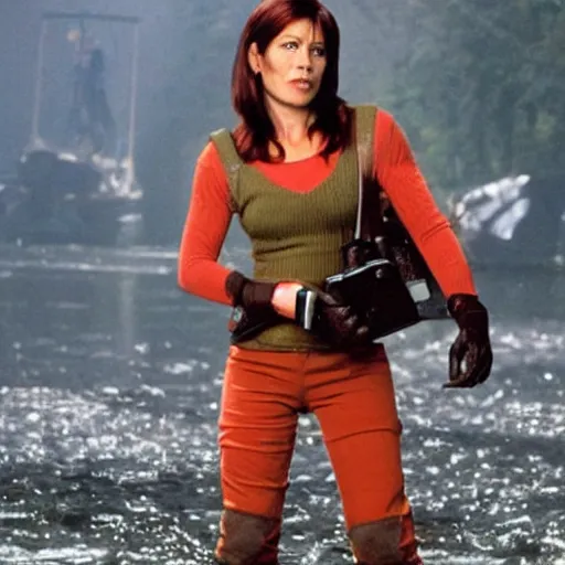 Image similar to T'pol from battlestar galatica in xtratuff boots holding a large king salmon