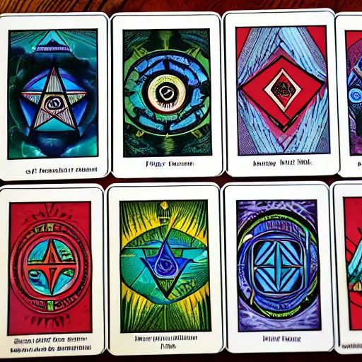 Prompt: full set of illuminati cards, tarot card design, product shot