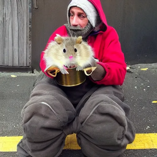 Image similar to “ hamster dressed as a homeless person sitting at an intersection with arms stretched out holding a tin can ”