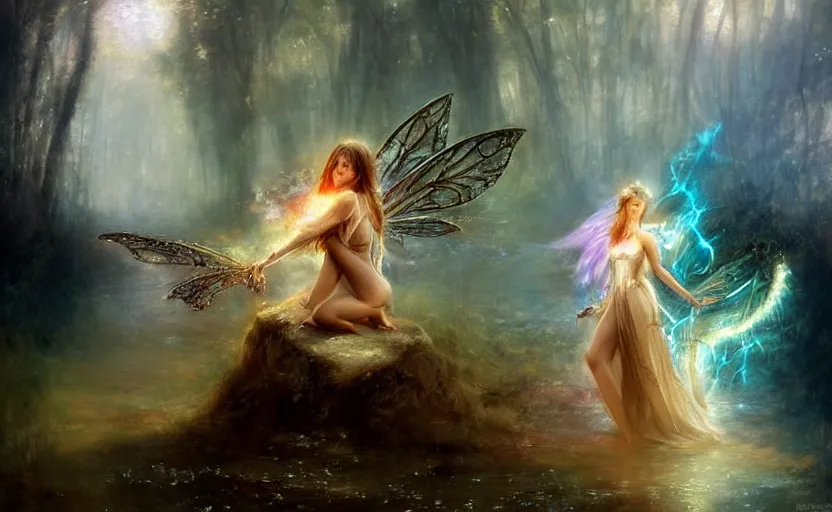 Image similar to the fairy rebellion. by artstation trending, by joseph mallord william turner, luis royo, konstantin razumov, cinematic lighting, fractal flame, highly detailed