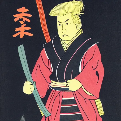 Image similar to donald trump dressed as a samurai holding a katana in a japanese edo period ink block painting, 4 k, hyper realistic, dslr, high resolution, landscape, beautiful
