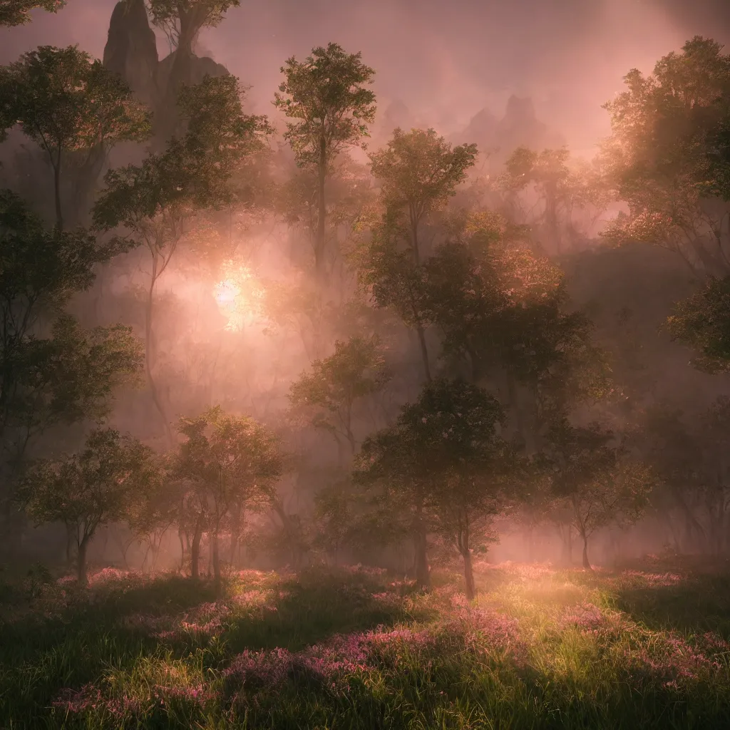 Image similar to fantasy with earth forest and meadow magic, at gentle dawn pink light, cinematic lighting, volumetric lighting, smooth, sharp focus, highly detailed, render in unreal engine 5, artstation, deviantart, behance, trending,, epic composition, hd, octane, unreal engine, volumetric lighting, light rays, masterpiece, award - winning