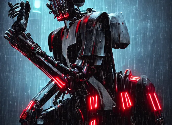 Image similar to portrait photo of general grievous with heavy duty biomechanical cybernetic body with 4 arms holding 4 activated red lightsabers in the rain. cyberpunk horror style.