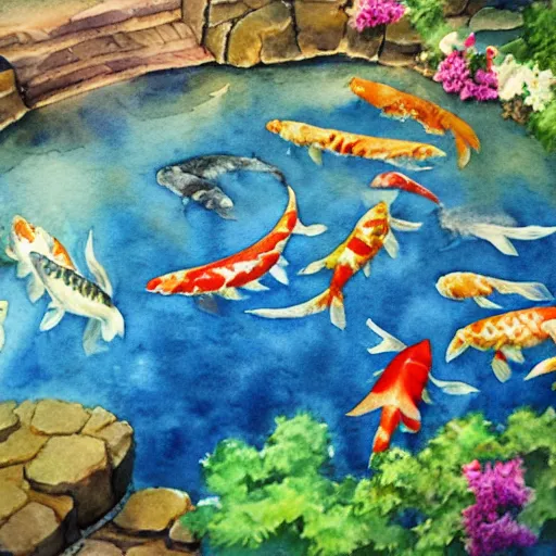 Prompt: watercolor art on paper, beautiful koi fish pond, highly detailed, artstation, masterpiece, award - winning