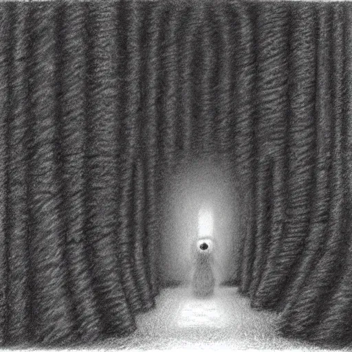 Prompt: charcoal drawing of a small bear in front of a hedge maze, the bear is white, illustrated by chris van allsburg, illustration, masterful, volumetric light, subdued, greyscale