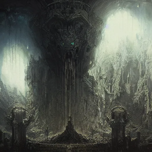 Prompt: evil, in the lost city by gustave dore and gustave moreau and beksinski and giger and craig mullins and jeremy mann