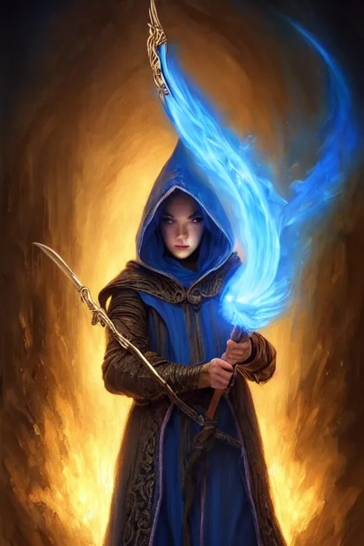 Image similar to Front portrait of a hooded mage hold a blue fire and detailed staff, full body, fine art, awesome fantasy book cover on Pinterest, award winning, dark fantasy landscape, fantasy magic, intricate, elegant, sharp focus, cinematic lighting, highly detailed, digital painting, concept art, art by WLOP and Artgerm and Greg Rutkowski, masterpiece, trending on artstation, 8K