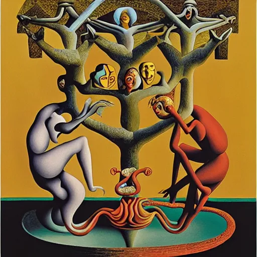 Prompt: the three fates, pain, pleasure, suffering, adventure, love, life, afterlife, abstract oil painting, gouche on paper by MC Escher and Salvador Dali and raqib shaw,-W 1024