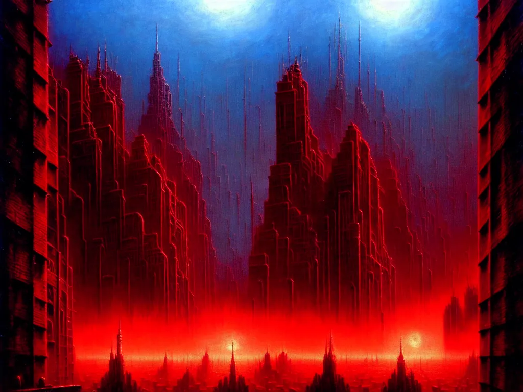 Image similar to an epic cityscape painting of a nightmarish hellscape full of cosmic horrors, by zdzisław beksinski and greg rutkowski, wall street, horror, surreal, cyberpunk, dark, vivid, red, blue, oil on canvas, neon lights, epic, organic