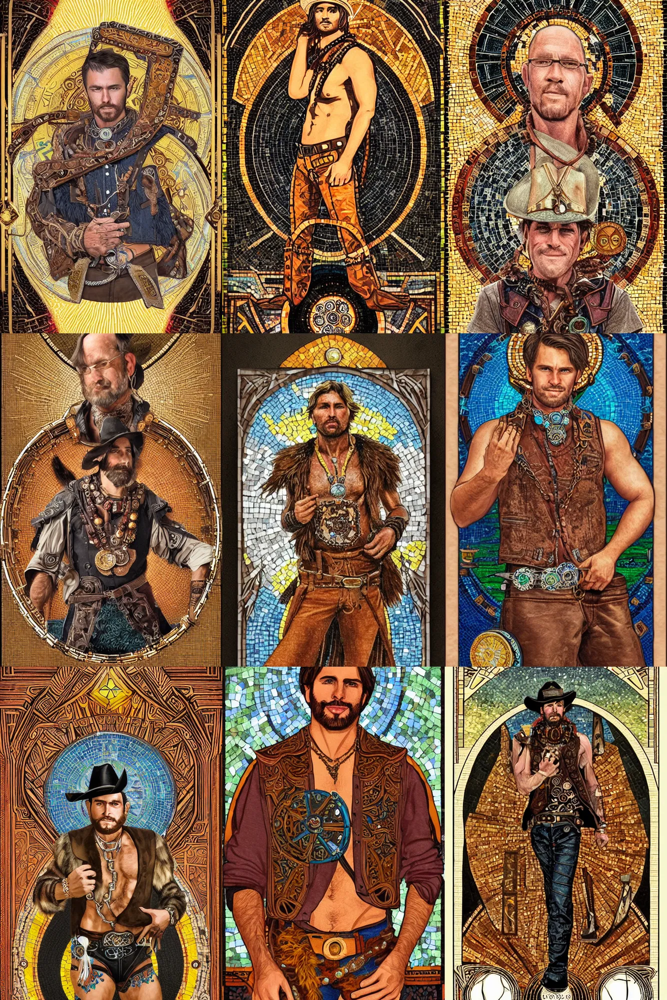 Prompt: a beautiful epic symmetrical tarot painting of a handome cowboy with a hairy chest wearing a leather vest and a circular pendant around his neck holding reins | background is a mosaic of wagon wheels | tarot card, art deco, art nouveau | by Mark Maggiori | trending on artstation