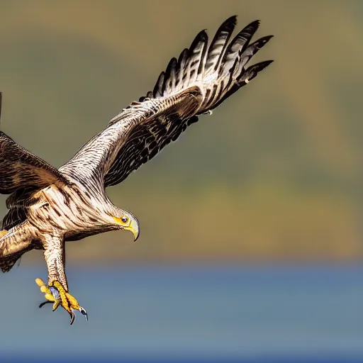 Image similar to A detailed and realistic illustration of a bird of prey in mid-flight, with a sharp focus on the bird's face and Talons, set against a blurred background of a mountain lake, wildlife photography, 500mm lens, 4k, by Nick Nichols and National Geographic